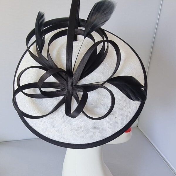 White with Black  colour Fascinator with Feathers, Headband and Clip For Wedding,Royal ascot,Races