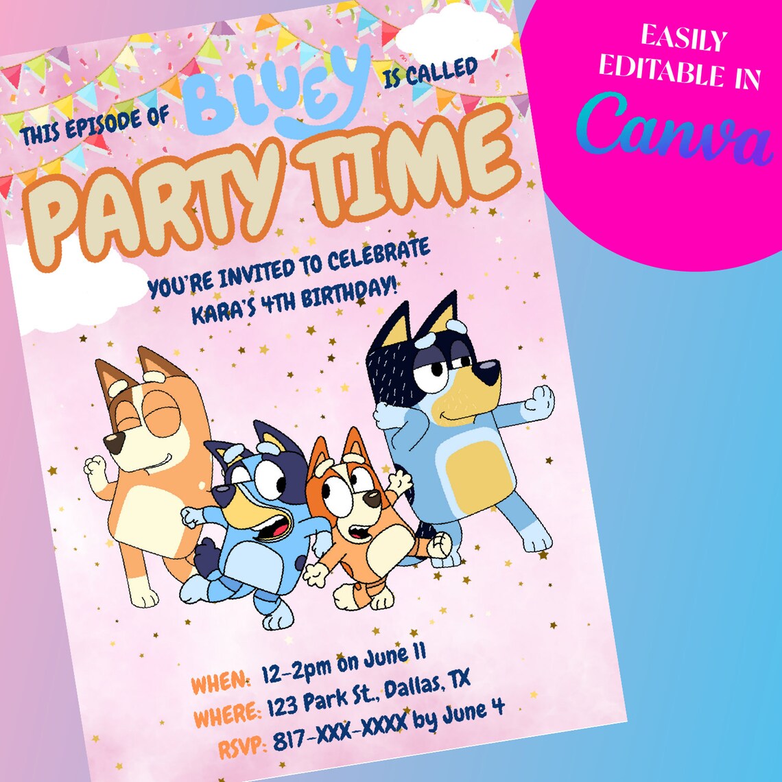 FOUR Bluey Birthday Invitation Printable Templates, Editable and ...