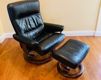 Vintage Ekornes Stressless Leather Swivel Recliner Chair & Ottoman