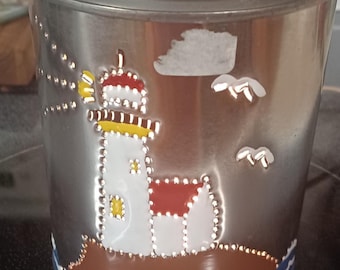 Handmade Lighthouse Tin Can Lantern | Nautical Coastal Decor | Punched Tin Light | Beach House Lighting | Rustic Garden Patio Lamp