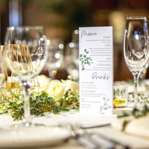 Elegant Greenery Trifold Table Menu, Number, & Wedding Hashtag Canva Digital Template -8.5&quot; x 11&quot; -Instant Download-Customize + Edit + Print