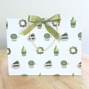 Matcha Green Tea Print Large Gift Bag w/ Satin Bow - 12.6&quot; x 9.8&quot; x 4.3&quot; | Latte, Cake, Frappe, & Mochi Donut Design | Heavy Duty + Durable