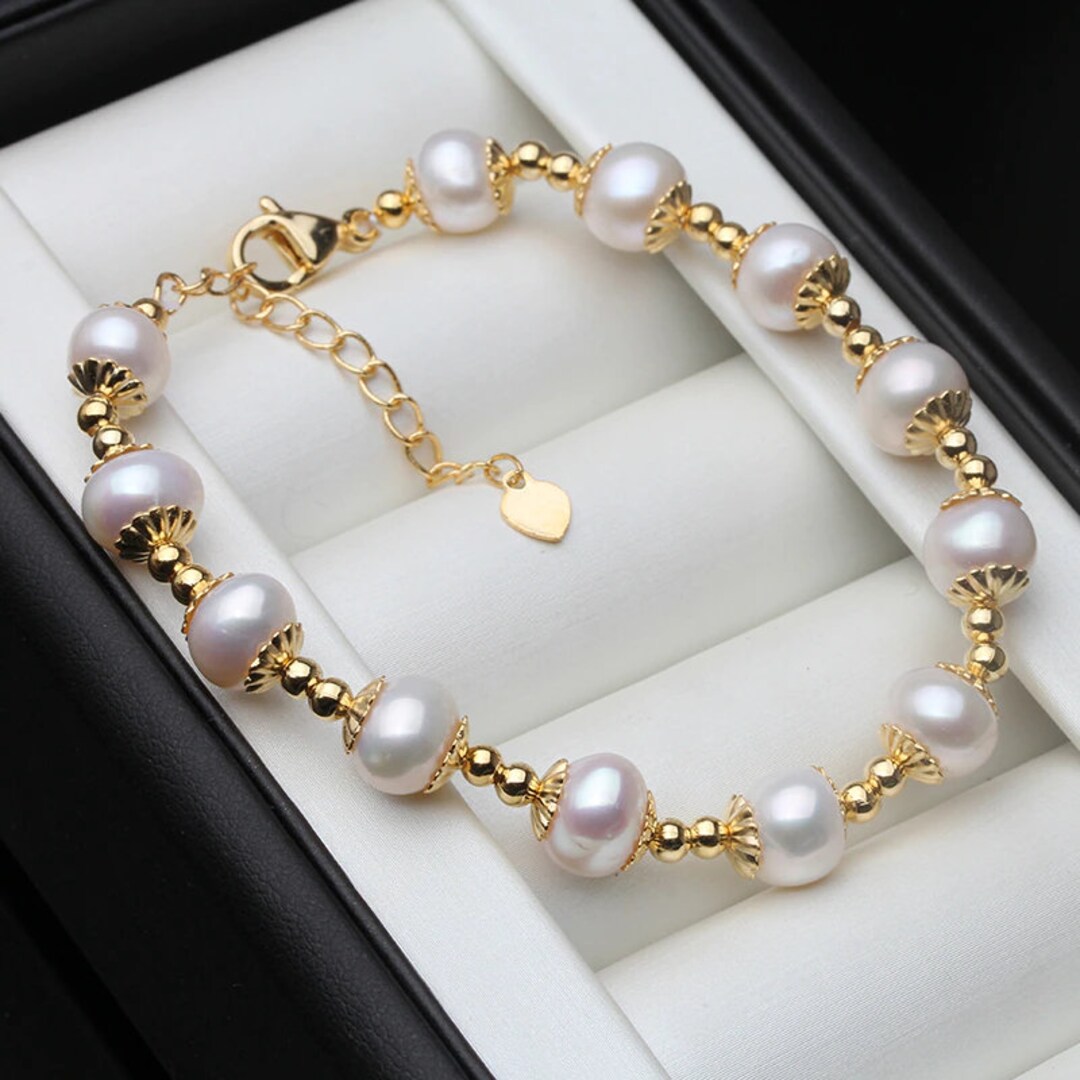 Real Natural Freshwater Pearl Bracelet Dainty 14k Gold Etsy