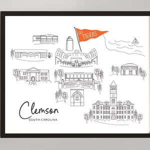 Sketch drawing of Clemson, South Carolina art print
