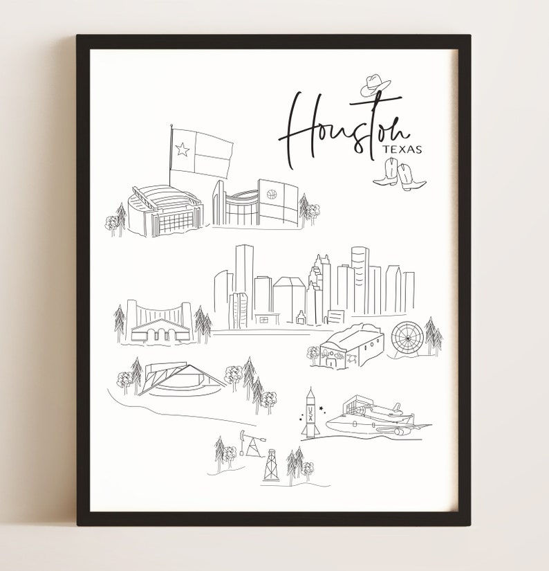 Houston Draw Sketched Drawing of the City of Houston Texas Art Print - Etsy