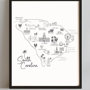 Sketched State of South Carolina with points of interest