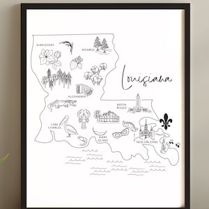 Sketched map of Louisiana with points of interest