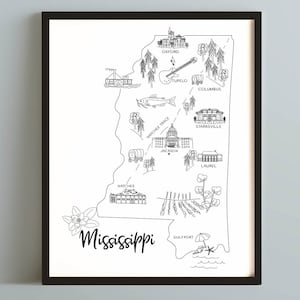 Sketched map of Mississippi with points of interest