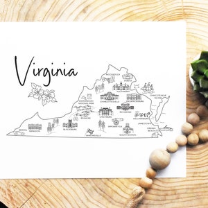 Sketch print of Virginia - map and points of interest