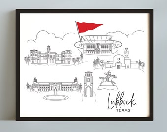 Sketched drawing of Lubbock, Texas art print