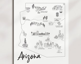Arizona Map Print: Hand-sketched Cities & Landmarks - Etsy