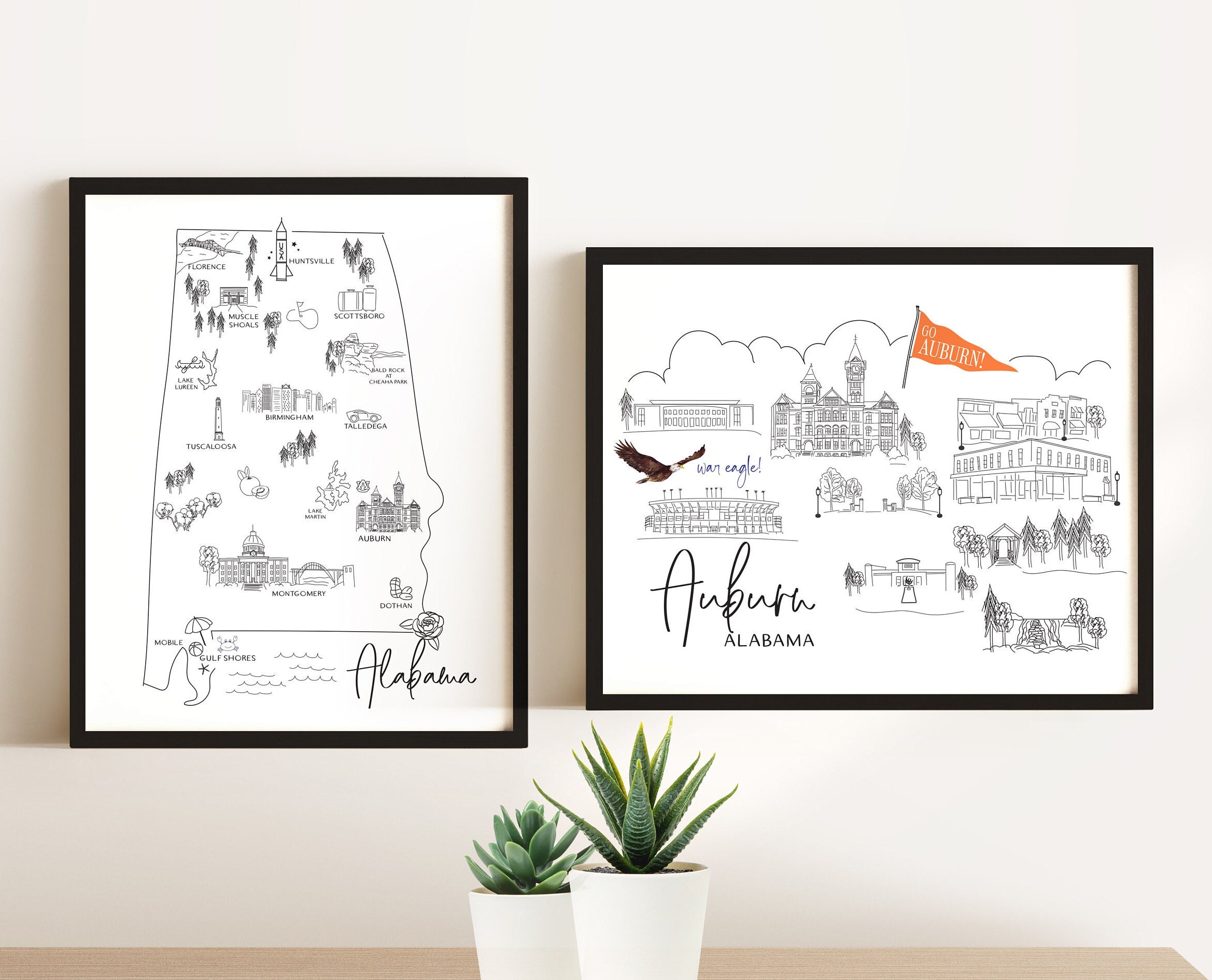 Sketched Alabama Map Art Print: State Landmarks - Etsy
