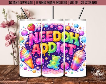 May include: Three white 20 oz skinny tumblers with a colorful design. The design includes the text "NEEDOH ADDICT" in rainbow colors, along with illustrations of a strawberry, ice cream cone, teddy bear, and a rainbow-colored drink. The tumblers have black straws.