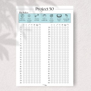 50 dagen challenge-tracker | Checklist en dagboek voor Project 50 | Wellness, fitness en gezondheidsuitdaging Afdrukbare pdf