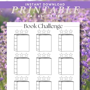 May include: Printable book challenge tracker with space to write the title of 12 books and rate them with 5 stars. The printable is designed to be used as a reading log.