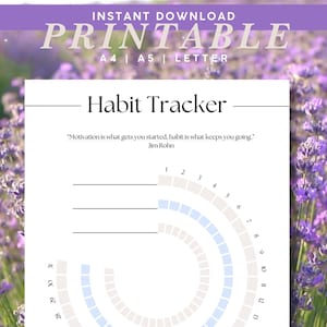 May include: Printable habit tracker with a quote by Jim Rohn: "Motivation is what gets you started, habit is what keeps you going." The tracker is a circular chart with 30 sections, each with a small square to color in.