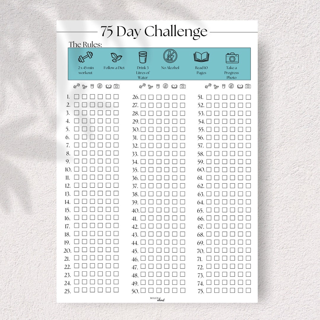 75 Day Challenge Tracker Printable 75 Soft Template Goal Setting ...