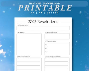 Puede incluir: Planificador de resoluciones imprimibles 2025 con secciones para una cita para vivir, prioridades, palabra del año, objetivos financieros, lugares para visitar y cosas nuevas para probar.