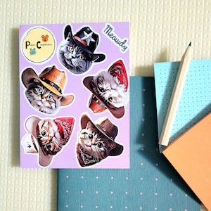 Ensemble de feuilles de collection d'autocollants 5 pièces Cowboy Meowdy Western Rodeo Kitty Cat, idéal pour décorer des agendas, des journaux, des ordinateurs portables, des cartes, des albums