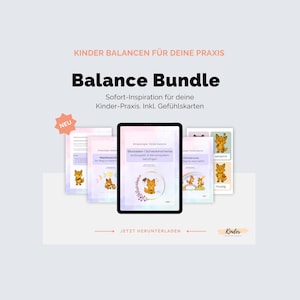 Puede incluir: Una tableta digital que muestra un conjunto de materiales educativos, incluyendo guías y tarjetas, con el título "Balance Bundle". Los materiales presentan ilustraciones de un zorro y texto en alemán. La imagen incluye el texto "Kinder Balancen für deine Praxis."