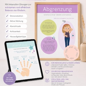 May include: A digital educational resource titled Kinesiologie Stärkungsfächer featuring a framed poster about Abgrenzung and a tablet displaying an Abendritual. The content includes text, illustrations of children, and icons for stress reduction, mindfulness, and daily routines for children.