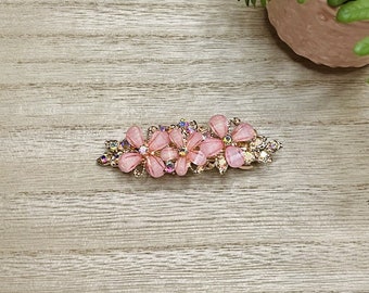 Ornate Metal Hair Barrette with Rhinestones and Pink Flowers, Long hair, Flowers, Rhinestones