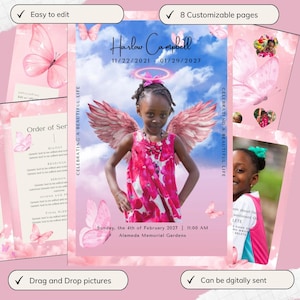 Puede incluir: Una plantilla digital de programa funerario con temática de mariposas rosas, una foto de un niño con alas de ángel y halo digitales, e incluye el nombre Harlow Campbell, fechas y detalles del evento en Alameda Memorial Gardens.