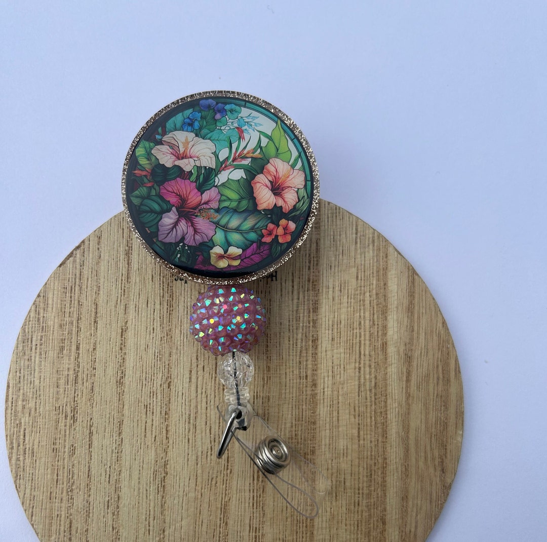 Stained Glass Hibiscus Badge Reels, Hibiscus Badge Reels, Flower Badge