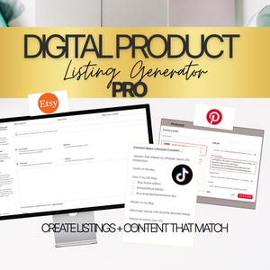 Cover image showing Digital Product Listing Generator PRO with Etsy, Pinterest, and TikTok dashboards displayed