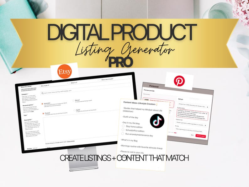 Cover image showing Digital Product Listing Generator PRO with Etsy, Pinterest, and TikTok dashboards displayed