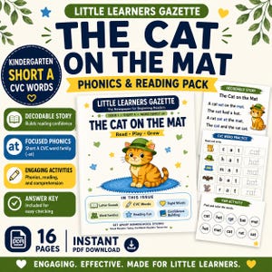 May include: A 16-page phonics and reading pack titled Little Learners Gazette: The Cat on the Mat. The educational material features a cartoon orange cat wearing a green hat, CVC word practice sheets, decodable stories, and activities.