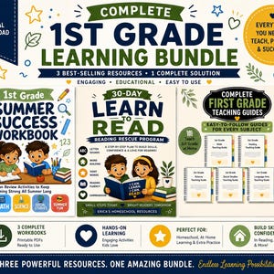 Könnte beinhalten: Ein digitales Lernpaket für die erste Klasse mit drei Ressourcen: einem Sommer-Arbeitsbuch, einem 30-Tage-Leseprogramm und vollständigen Unterrichtsleitfäden. Die Grafiken zeigen Illustrationen von Kindern beim Lesen und Lernen.