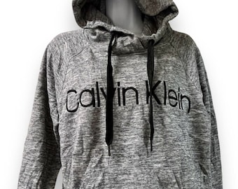 CALVIN KLEIN Womens M Embroidered Logo Gray Fleece Hoodie Kangaroo Sweatshirt