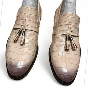 Men's Tan Crocodile Tassel Leather Trident Sole Shoes Size 10 EU 43 NEW