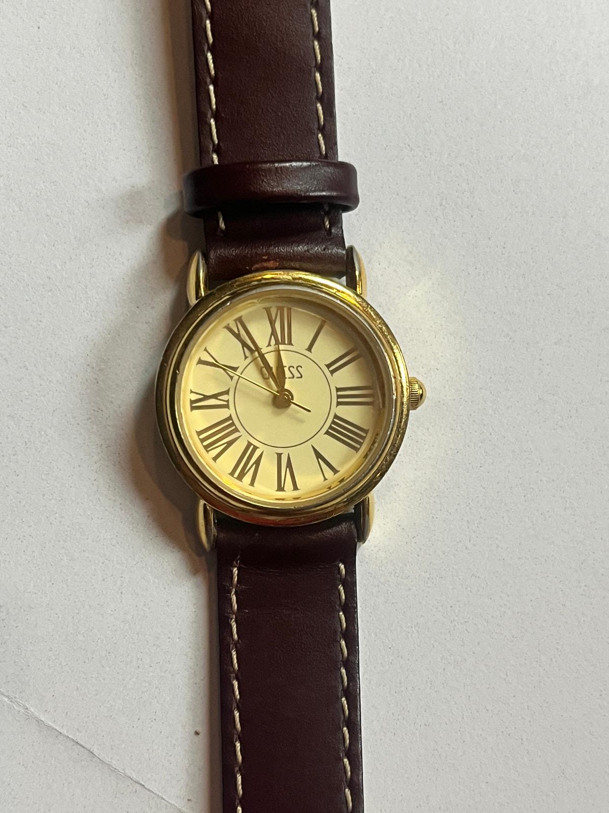 Vintage Guess Watch Women 25mm Gold Tone Brown Leather Band 