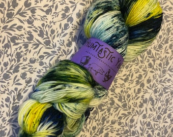 May include: A skein of yarn in shades of green, yellow, and blue. The yarn is wrapped around a purple label that reads "NumTastic Yarn".