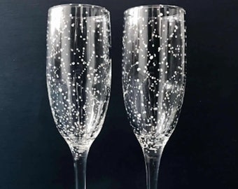 CLASSIC Celestial Starry Night Champagne Flutes - Set of 2 Hand-painted Constellation themed Stemmed Champagne Glasses, 8 oz