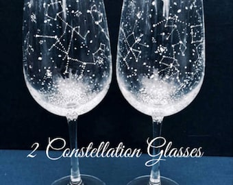 CLASSIC Celestial Starry Nighty Stemmed Wine Glasses - Set of 2 Hand-painted Starry Night and Constellations Wine Glasses - 18oz