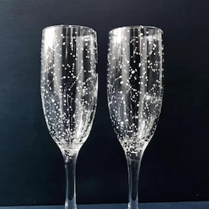 CLASSIC Celestial Starry Night Champagne Flutes - Set of 2 Hand-painted Constellation Stemmed Flutes, 8 oz, Birthday, Wedding, Anniversary