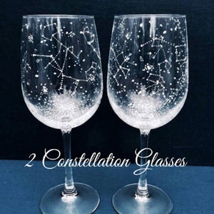 CLASSIC Celestial Starry Nighty Stemmed Wine Glasses - Set of 2 Hand-painted Constellations Wine Glasses - 18oz - Wedding Night, Birthday