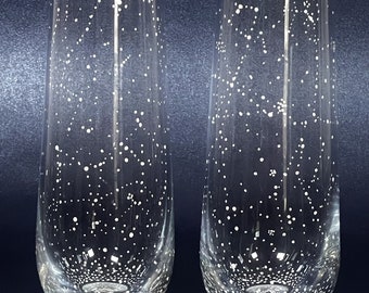 SEGUNDAS - CLÁSICAS Copas de champán sin tallo pintadas a mano con diseño de noche estrellada celestial - Juego de 2, 4, 6, 8, 10, 12 - 295 ml - Bodas y aniversarios