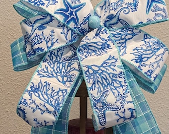 Fun Aqua Plaid and Aqua/Navy Starfish/Seahorse 2 Ribbon Bow, with Aqua Glitter Center.