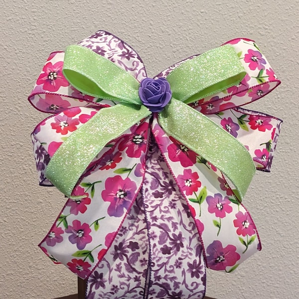 Purple Floral, Purple, Fuschia & Lime Green Floral and Lime Green Shimmer 3 Ribbon Bow.  Perfect addition to a Spring Wreath/Easter Basket.