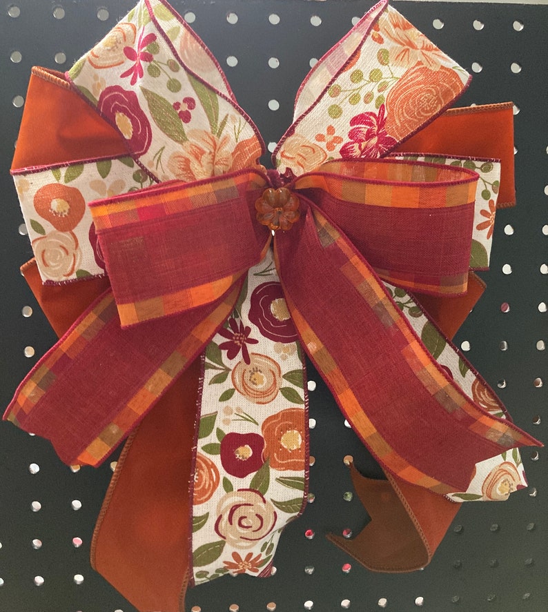 Rustic Fall Bow Burgundy, Rustic and Moss Green Fall Bow; 3 Ribbon Fall Wreath Accent ...