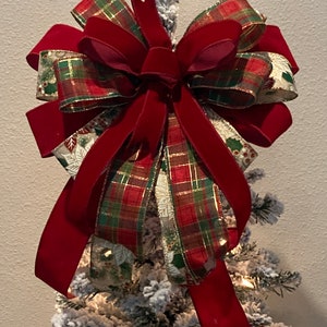 Traditional Christmas Tree Topper Bow; Handmade Red, Green and Gold Tree Topper Bow; Large Festive Tree Topper Bow; Vintage-inspired bow