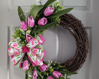 Tulip Wreath with Bright Pink Tulips, Pretty Pink and Lime Tulip Bow makes great Mother's Day Gift.