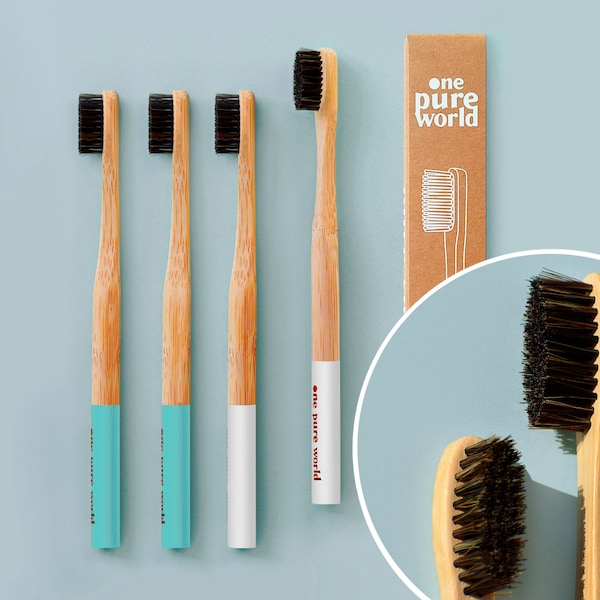 4pc PLASTIC FREE 100% biodegradable & compostable bamboo toothbrush. Made with trimmed horse hair. The zero plastic toothbrush is rare find!