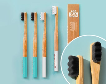 4pc Fine & Soft Bristles Bamboo wooden toothbrush for sensitive gums. Micro Nano luxurious, eco, biodegradable oral care for teeth whitening