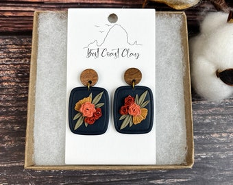 The Harlow l Floral dangle polymer clay earrings with walnut studs