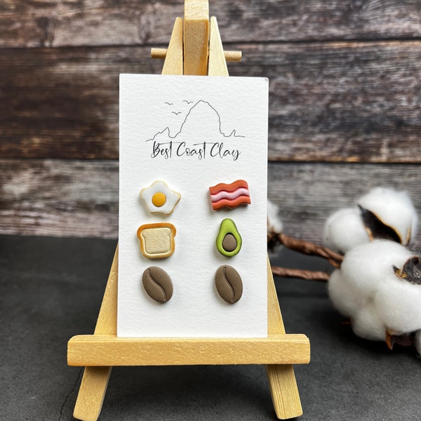 Breakfast stud pack polymer clay earrings | Eggs, Bacon, Avocado, Toast, Coffee Bean Stud Earrings